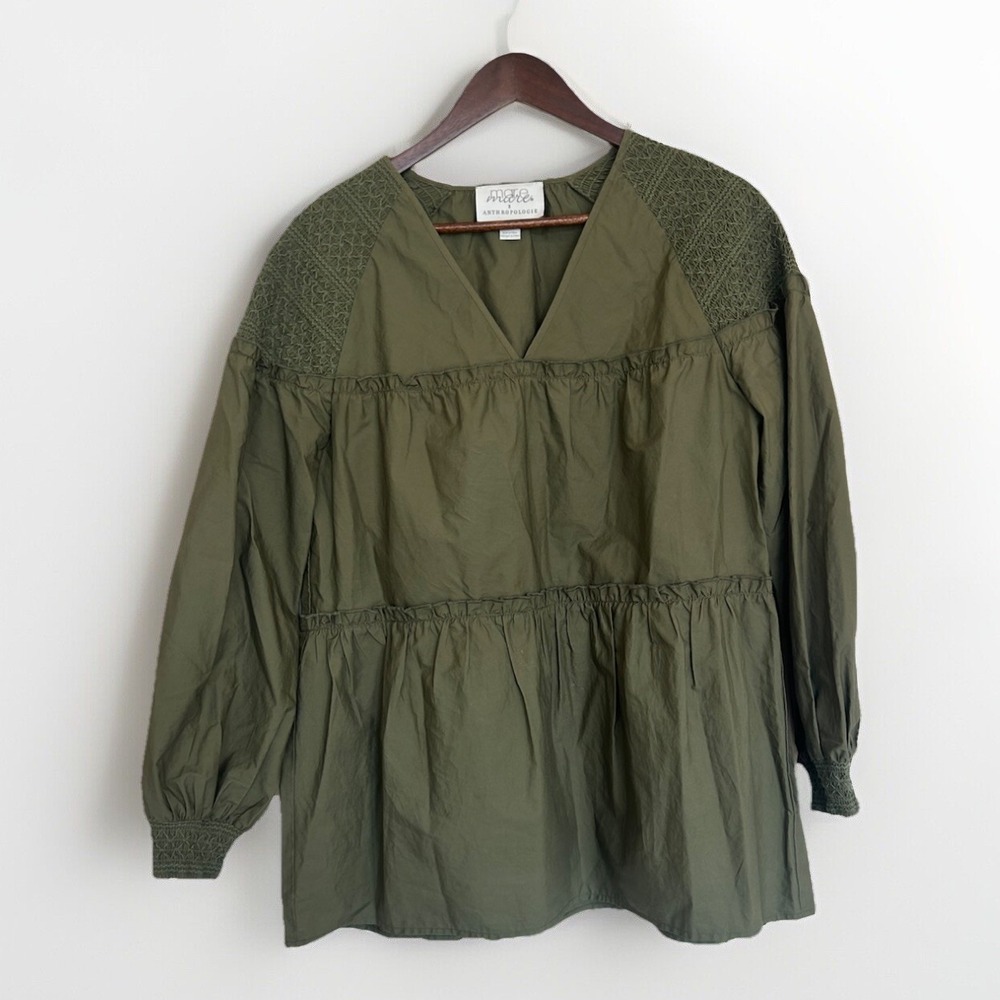 Mare X Anthropologie Renee Smocked Tunic Top Olive Green Ruffle Bishop M Classic